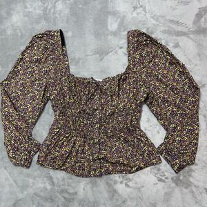 J. CREW Peplum Top Women's 6 Puff Sleeve Button Up Ruched Floral Boho Peasant